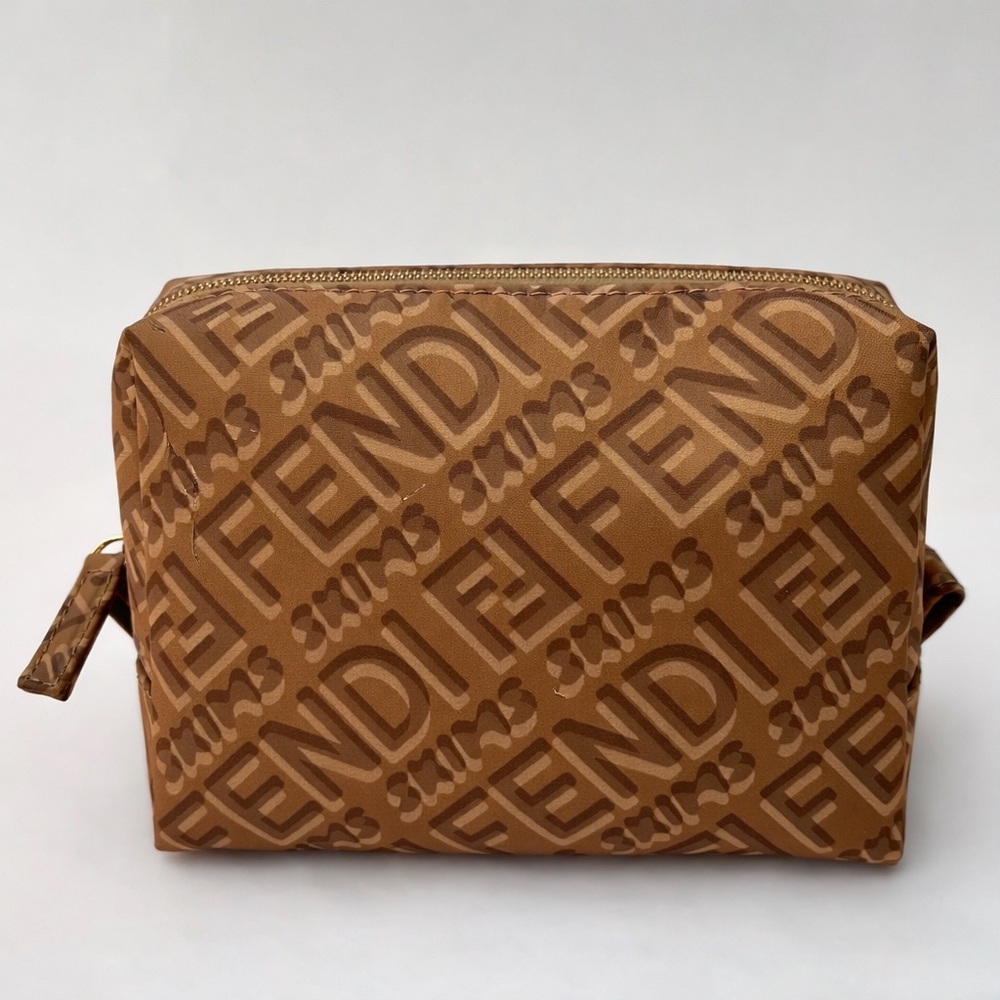 Fendi Brown Logo Nylon Cosmetic Pouch Small Authentic